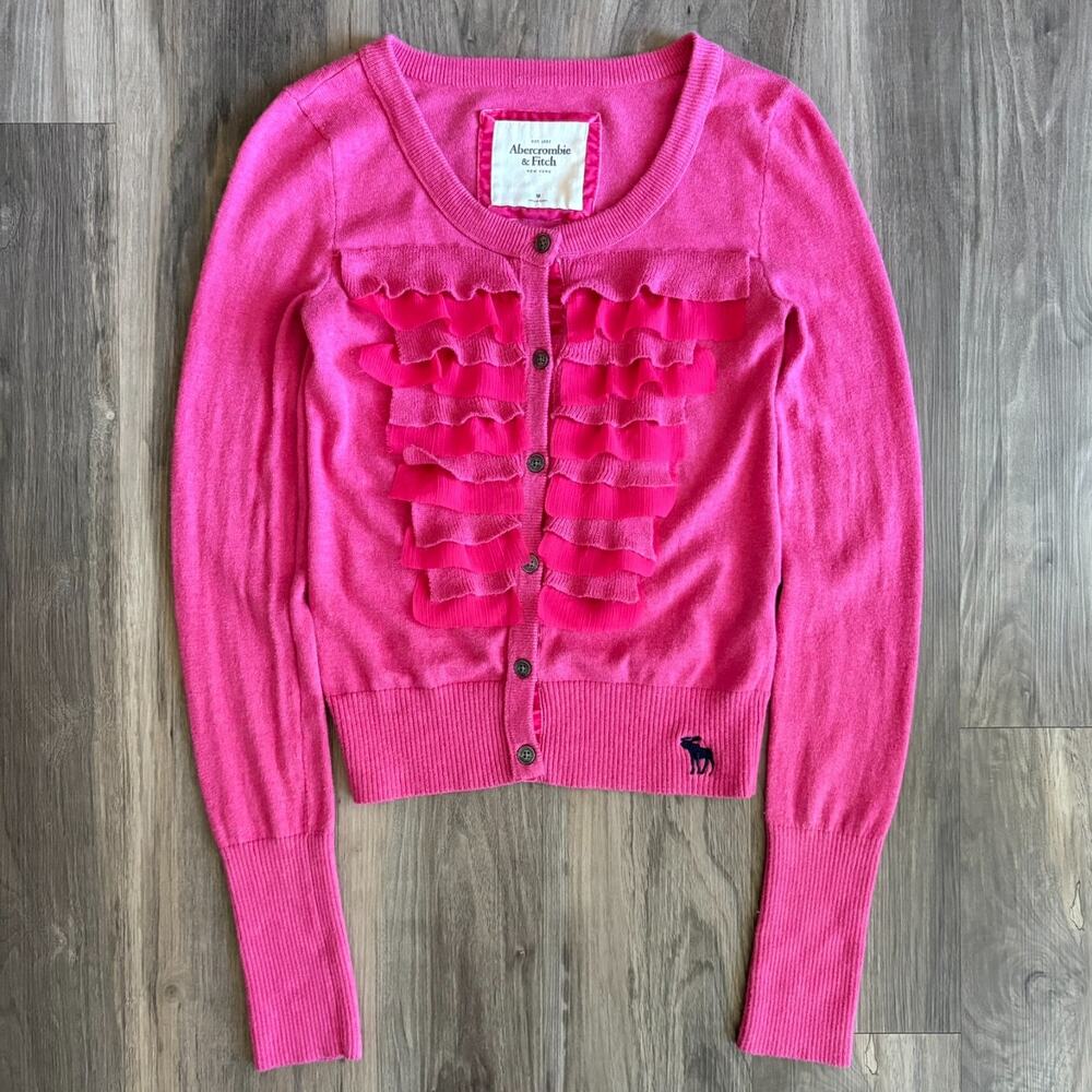 Vintage Abercrombie & Fitch Cardigan Sweater Women's Size M Pink Ruffled Snatch